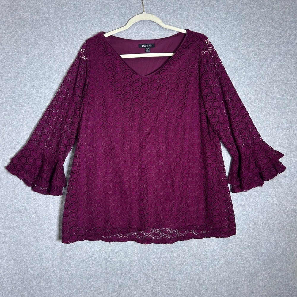 Roz & Ali Lace Blouse Women 1X Purple Bell Sleeve V-Neck Medallion Boho Romantic